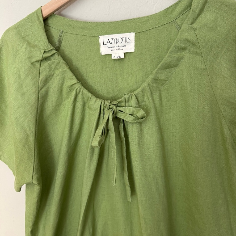 LAZYBONES 100% Linen Short Sleeve Green Midi Dress Drawstring Neck Size XS/S - Picture 11 of 12